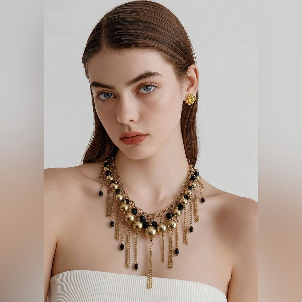 Gold-Tone Black Beaded Fringe Bib Statement Necklace – Chunky Chain